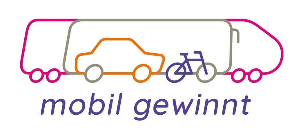 Das Logo besteht aus einer mehrfarbigen Skizze, die Umrisse eines Zuges, eines Busses, eines Autos und eines Fahrrads ineinander verschachtelt darstellt.