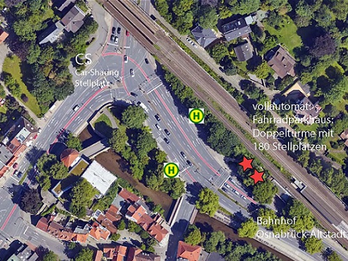 Luftaufnahme zeigt Lage und des Umfeldes des geplanten Standortes des Fahrradparkhauses in Osnabrück.