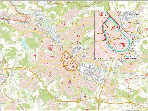 Kartenausschnitt zeigt die Stadt Osnabrück und den eingezeichneten Wallring als Ring um die Innenstadt.